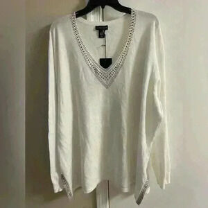 Adrienne‎ Vittadini sweater v neck pullover white studded long line 3X NWT